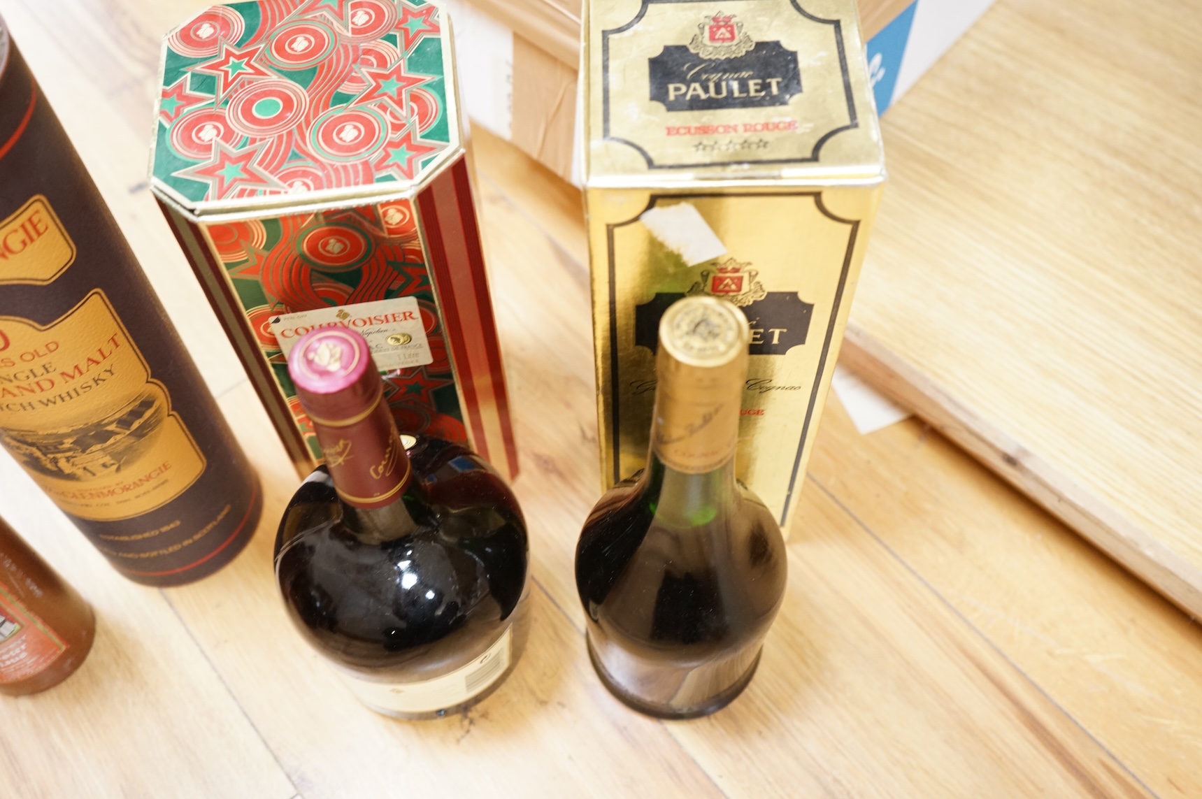 A bottle of Glenmorangie Scotch whisky and five other cased spirits